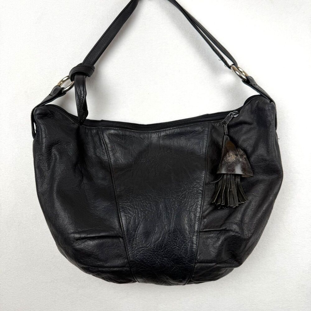 Marco Avane Vintage 90s Leather Hobo Shoulder Bag Slouchy Horn Tassel Deco